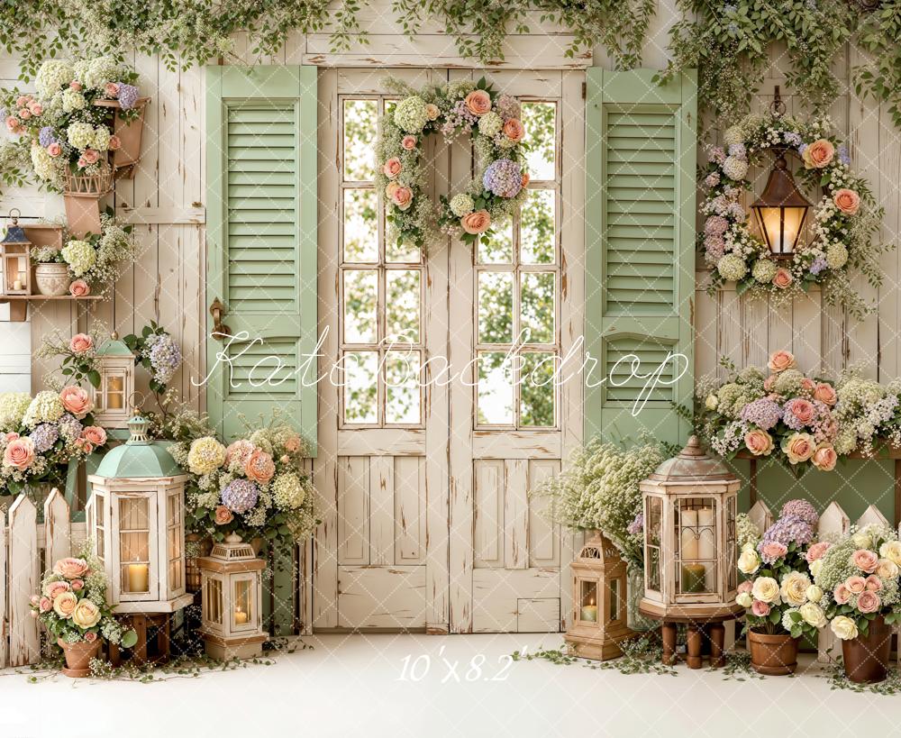 Kate春のフローラルガーデン ドア ランタンガーデンプリント背景 Emetselchデザイン