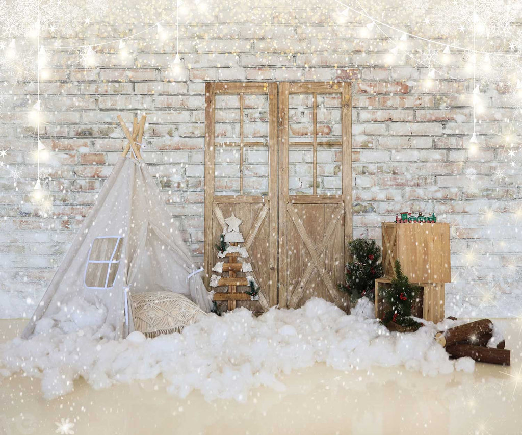 写真撮影のためのkateつのクリスマステント納屋のドアのレンガの背景
