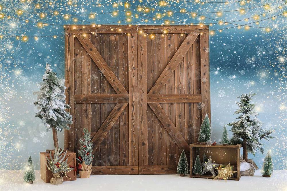 Kateクリスマス納屋写真撮影のためのドアの雪の背景