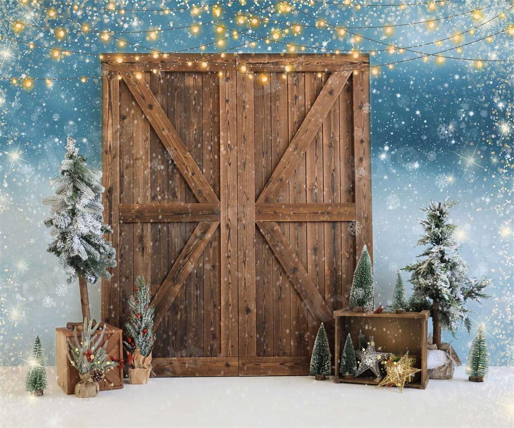 Kateクリスマス納屋写真撮影のためのドアの雪の背景
