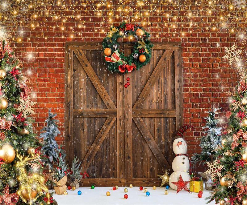 写真撮影のためのKateクリスマス納屋のドアレンガ雪だるまの背景