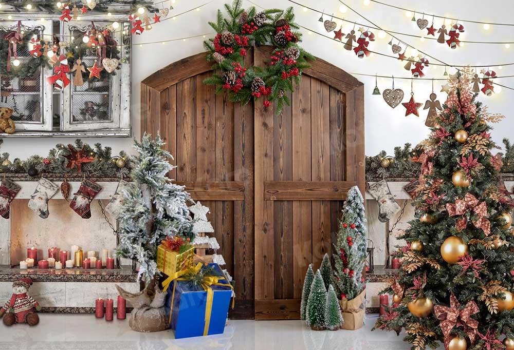 Kate写真撮影のためのクリスマスツリーの納屋のドアの背景