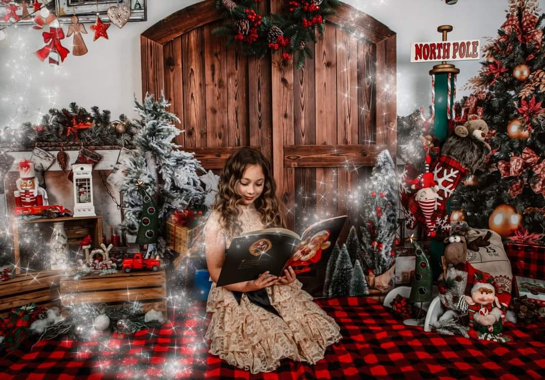 Kate写真撮影のためのクリスマスツリーの納屋のドアの背景