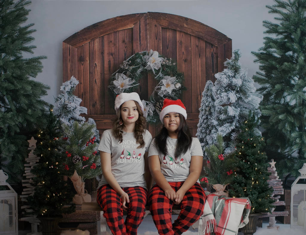 kateクリスマスツリーの納屋のドアの背景