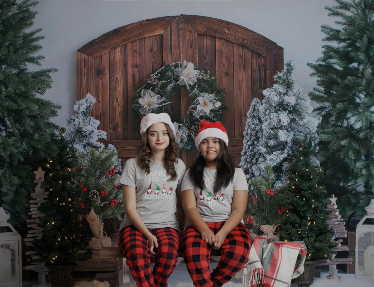 kateクリスマスツリーの納屋のドアの背景