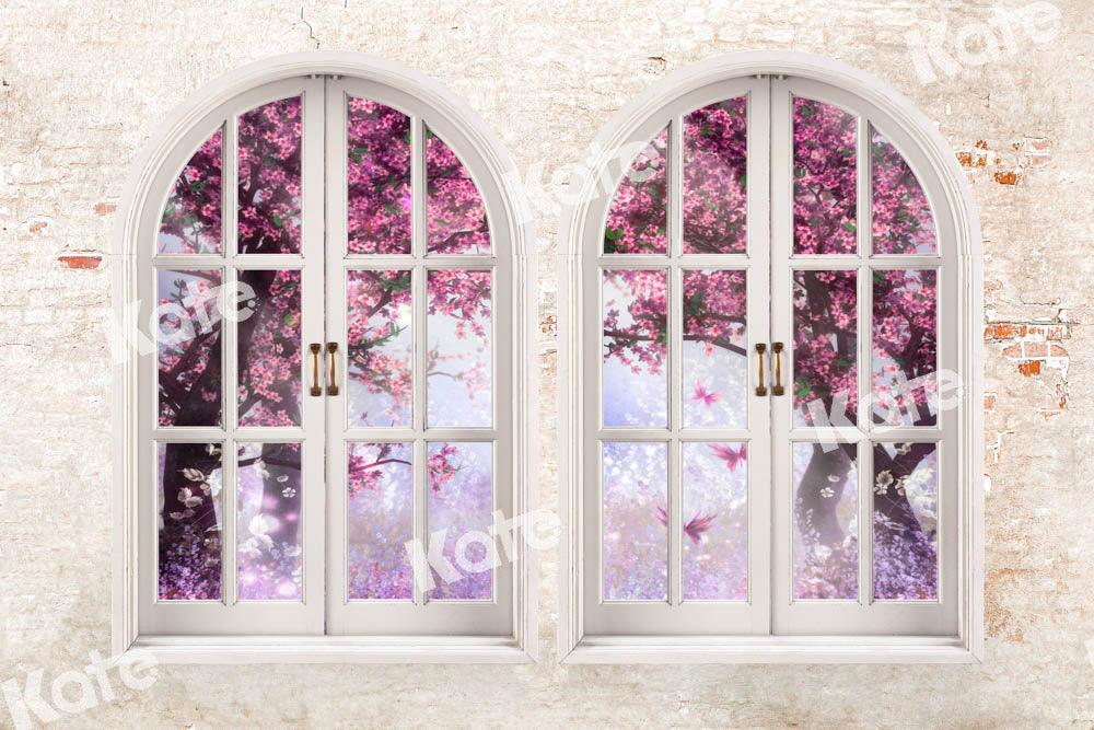 Kate窓の外の春の花の背景Chain写真撮影