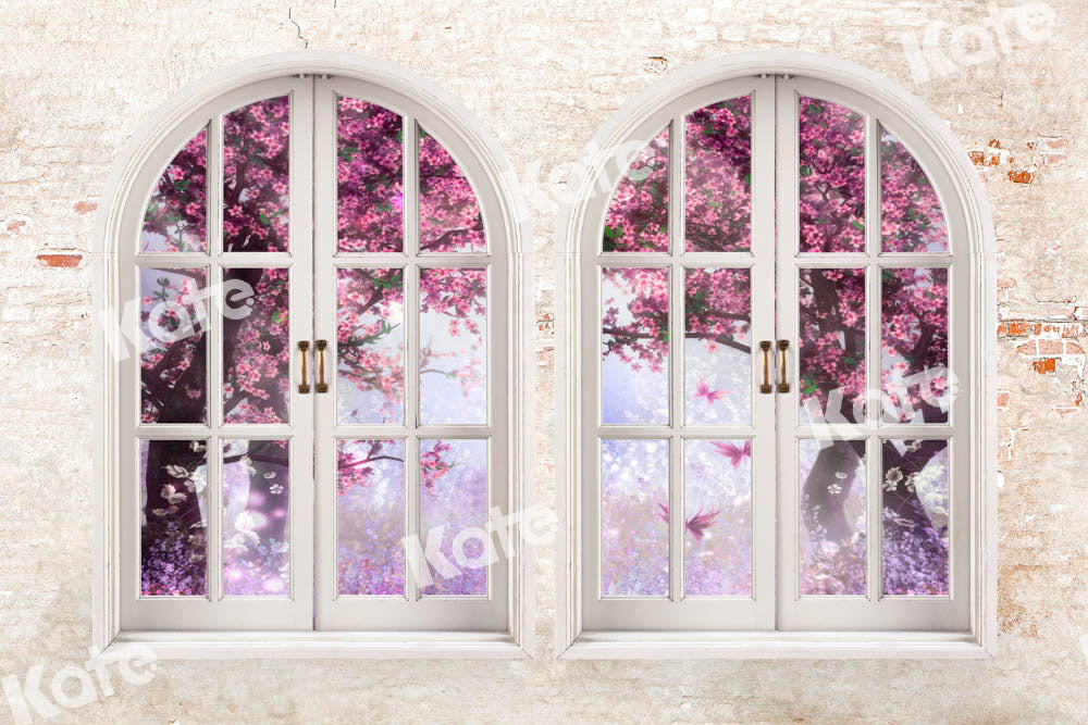 Kate窓の外の春の花の背景Chain写真撮影