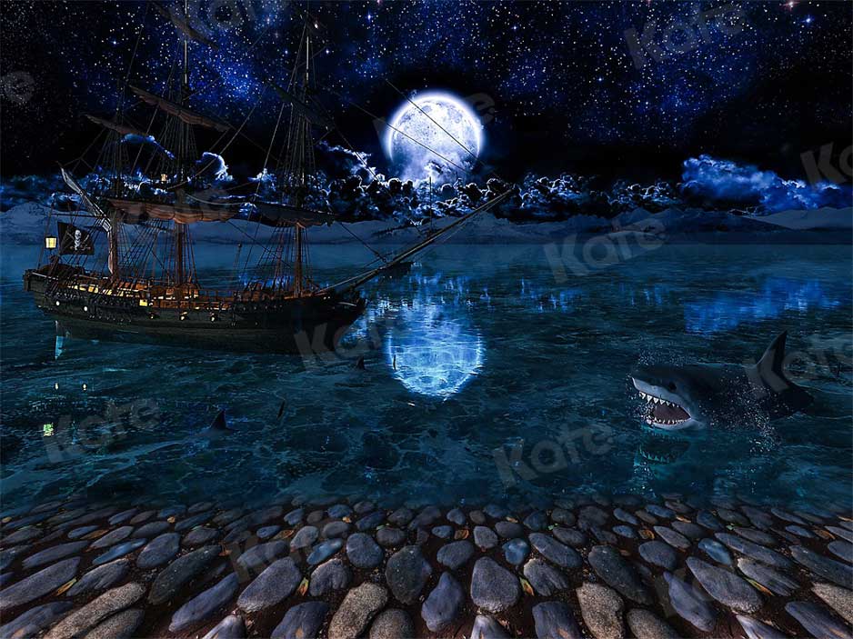 Kate写真撮影のための魔法の月の夜の背景サメボートストーン
