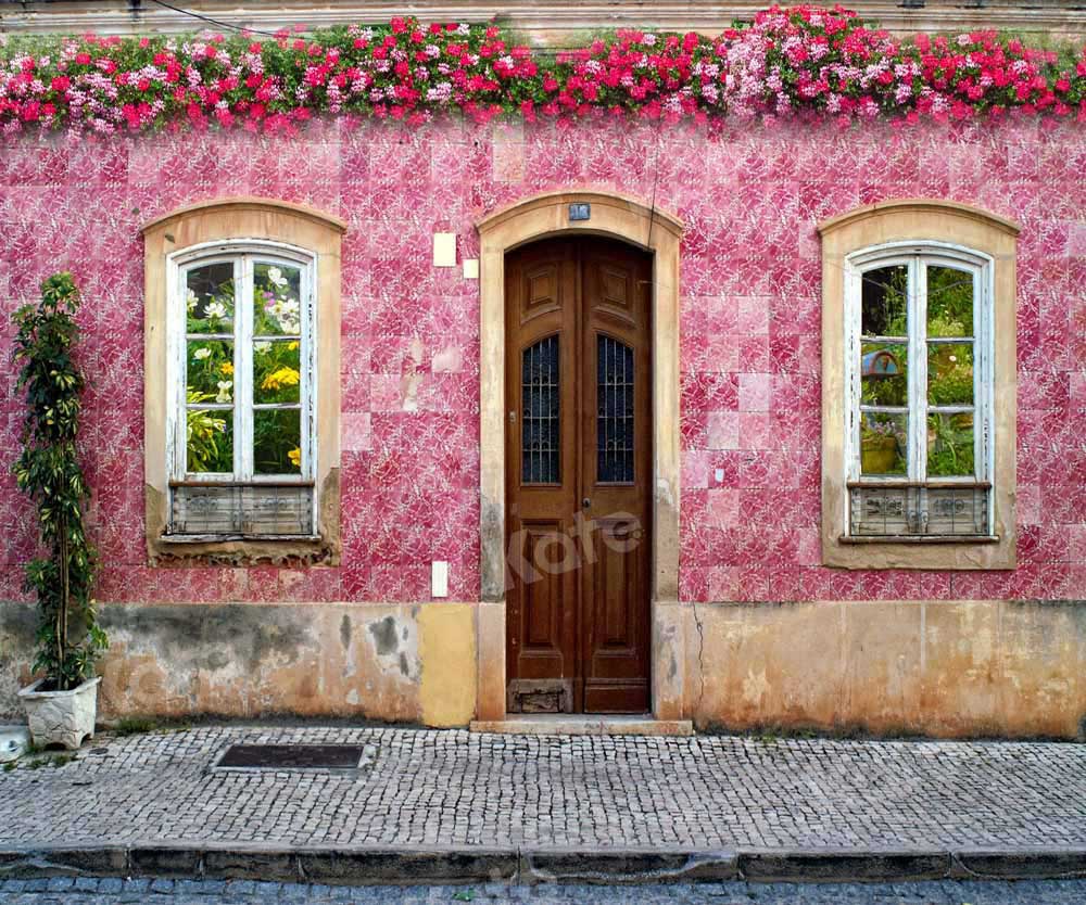 Kat春のレトロな建築の背景通りの花Chain Photography