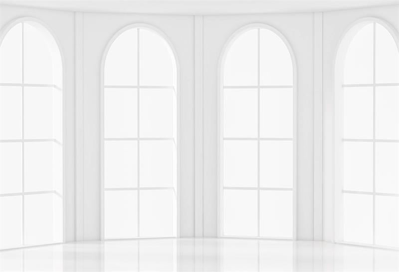 Kate写真撮影のためのアーチ型の窓の背景の白いミニマリスト