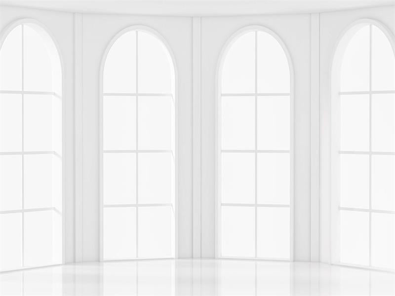 Kate写真撮影のためのアーチ型の窓の背景の白いミニマリスト