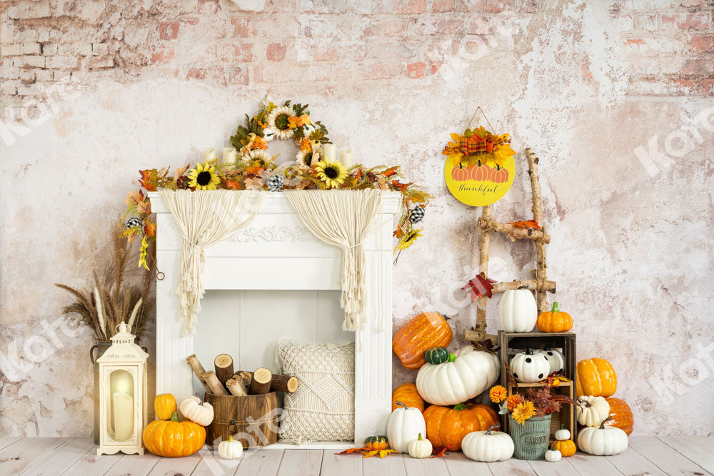 Kate秋かぼちゃハロウィーン感謝祭ひまわり白い暖炉の背景Emetselchデザイン