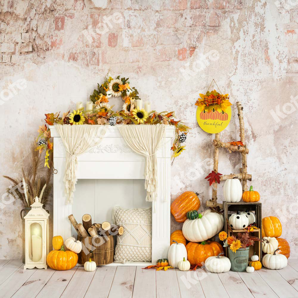 Kate秋かぼちゃハロウィーン感謝祭ひまわり白い暖炉の背景Emetselchデザイン
