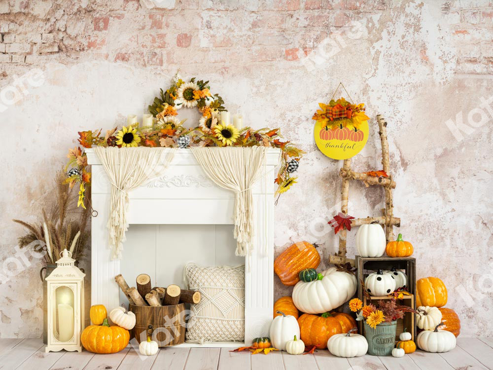 Kate秋かぼちゃハロウィーン感謝祭ひまわり白い暖炉の背景Emetselchデザイン