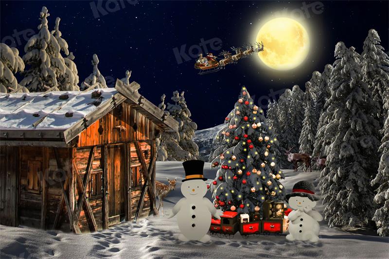 Kateクリスマスの夜空雪だるまサンタクロース月の背景