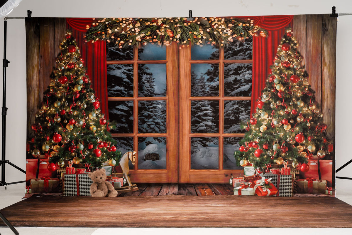 Kate冬クリスマスツリー雪景色屋内キャビン窓の背景