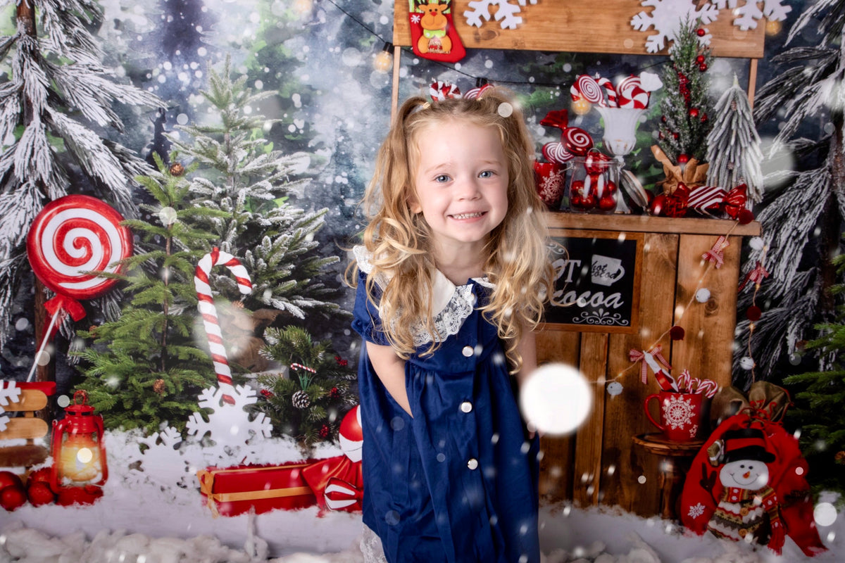 Kateクリスマスの背景屋外スノーツリーココアキャンディーEmetselchデザイン