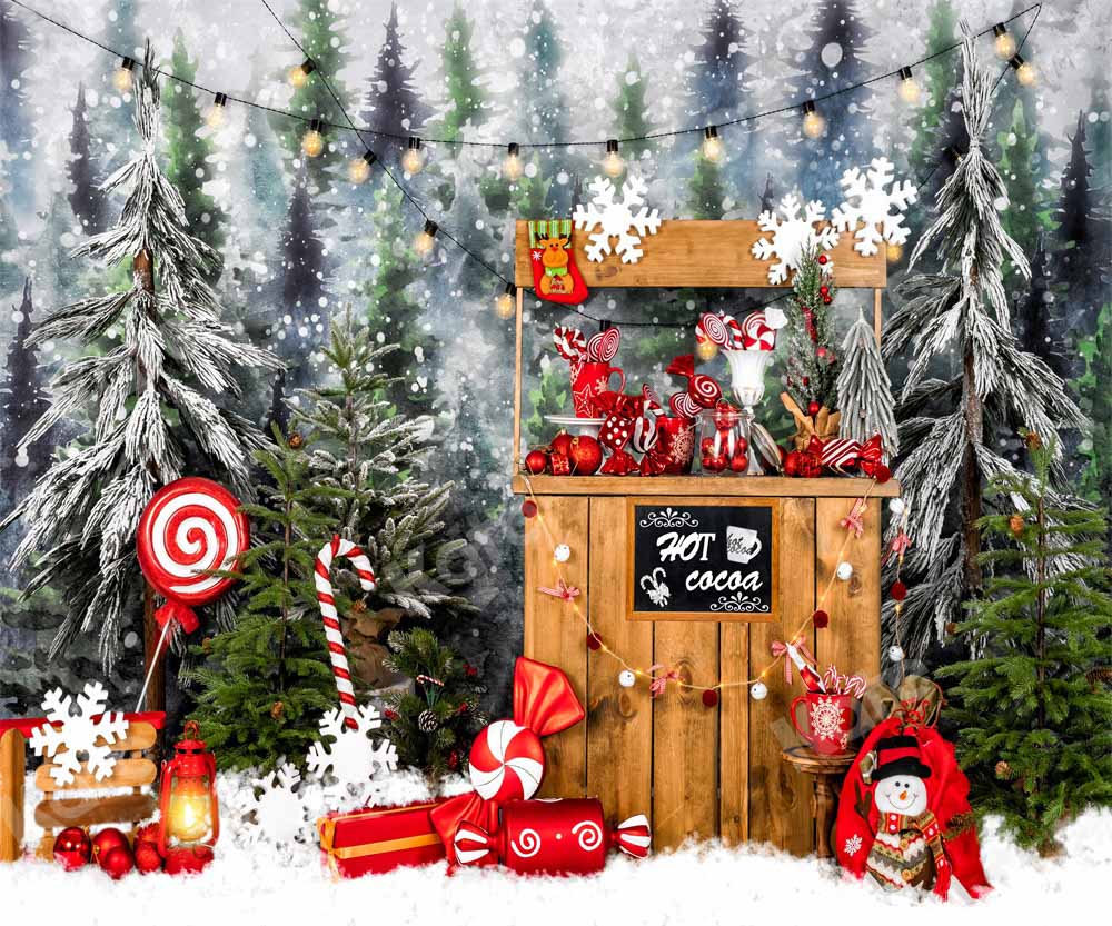 Kateクリスマスの背景屋外スノーツリーココアキャンディーEmetselchデザイン