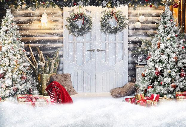 Kate 写真撮影のためのクリスマスの雪の正面玄関の背景