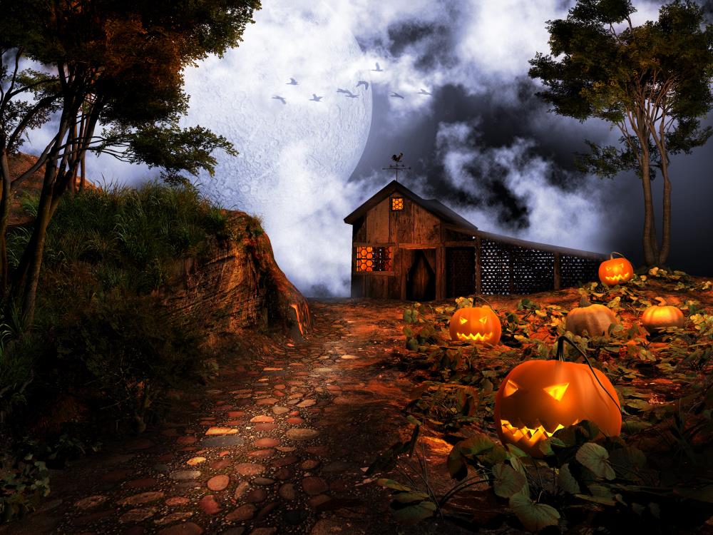 Kateビッグムーンナイトパンプキンランプ日陰の小屋ハロウィーンの写真撮影の背景
