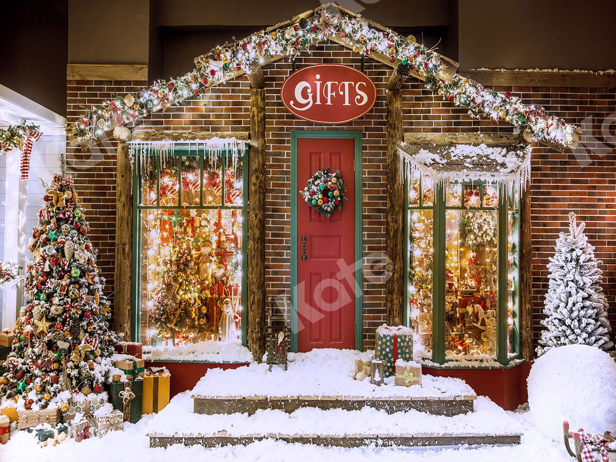 Kate 冬の雪のクリスマスギフトストアの背景