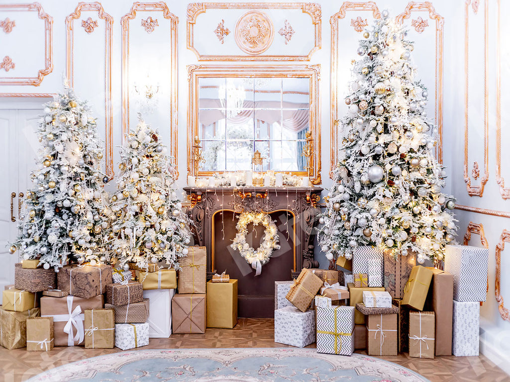 Kate 写真のゴールデンクリスマスツリーギフト背景
