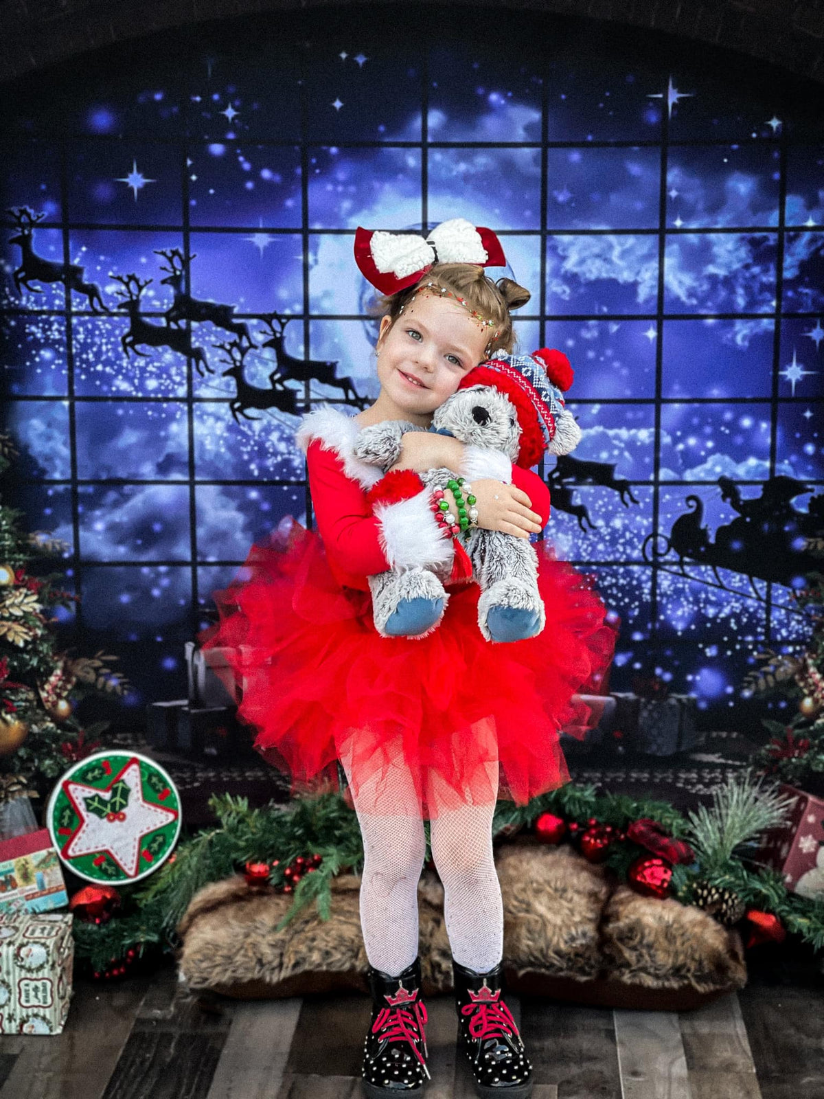 kate写真撮影のためのクリスマスの窓そりの背景エルク