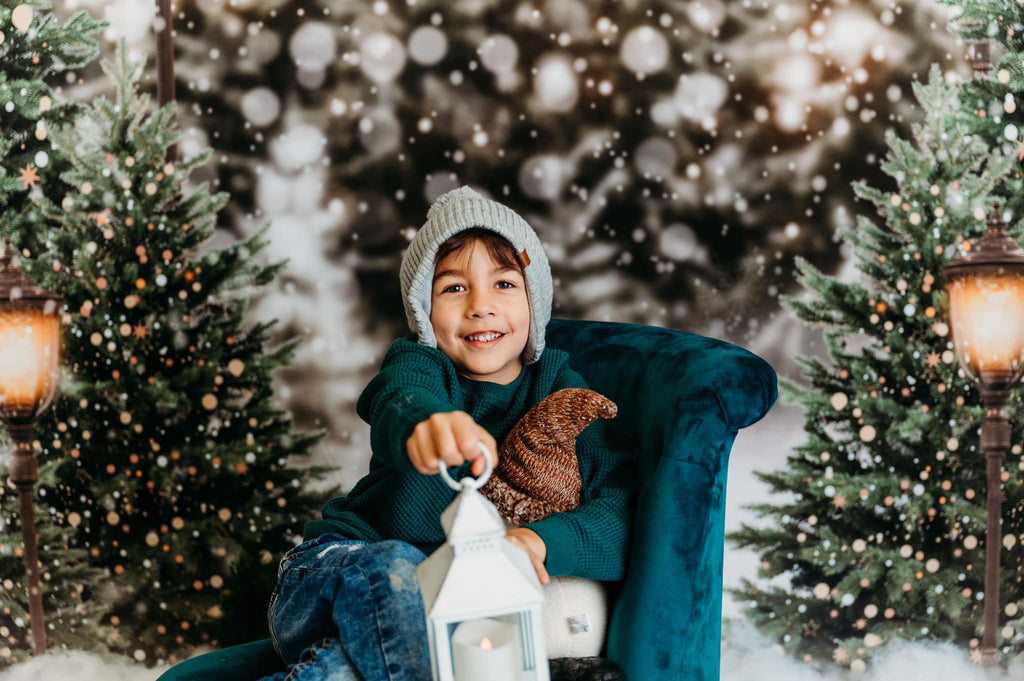 Kate 写真撮影のためのクリスマスの雪の森のライトの背景