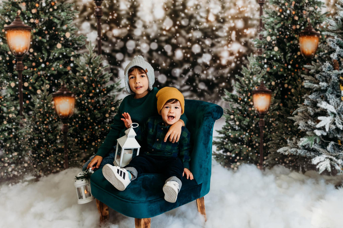 Kate 写真撮影のためのクリスマスの雪の森のライトの背景