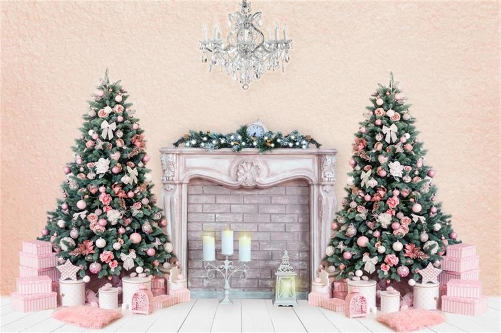 写真撮影のためのkateつのクリスマスツリーの背景暖炉ピンクの壁